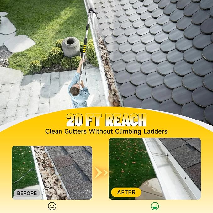 12ft (20ft Reach) Gutter Cleaning Tools from The Ground, Telescoping Rain Gutter Cleaner Tool, 270° Rotatable Gutters Cleaning Wand, Gutters Cleaning Hose Attachment & Connection Adapter
