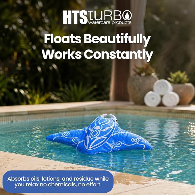 Swimming Pool & Swim Spa Scum Absorber - Blue Oil Absorbing Stingray, Reusable Floating Sponge Soaks Up Oil Lotion Makeup, Machine Washable, Inground & Above Ground Pools