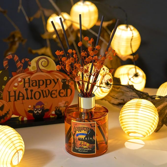 Reed Diffuser - Spiced Pumpkin 6.7 fl oz Scented Diffuser with 8 Sticks Home Fragrance Bathroom Shelf Decor (Halloween Collection)