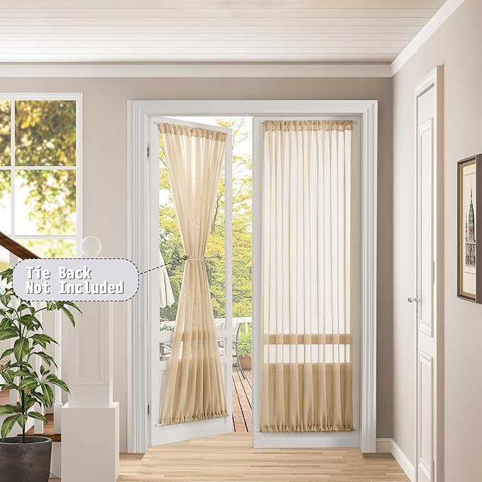 Tollpiz Sheer Door Curtains Closet Linen Textured Curtains Sheer Doorway Light Filtering Voile Rod French Door Pocket Curtain Patio Glass Door, 25 x 72 inches Long, Beige, Set of 1 Panel