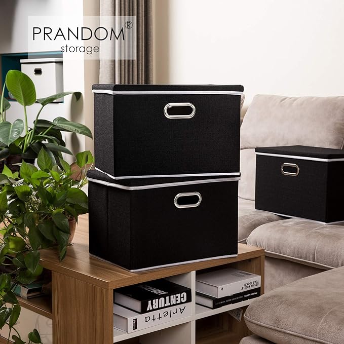PRANDOM Extra Large Collapsible Storage Bins with Lids [3-Pack] Linen Fabric Foldable Storage Baskets Boxes Organizer Containers Cube with Cover for Bedroom Closet Office Nursery (22.8x15.7x13.8)