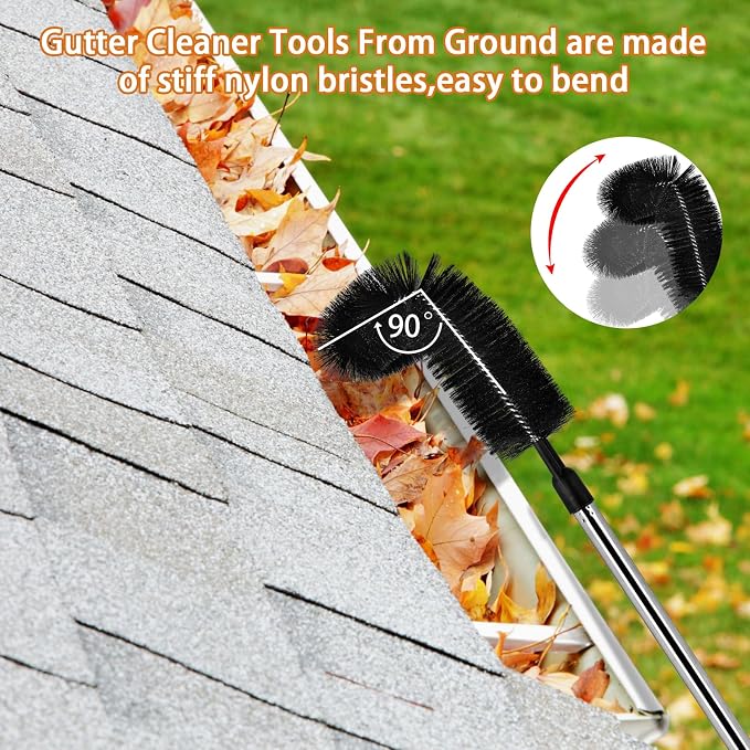 10.5FT Gutter Cleaning Tools from the Ground, Adjustable Long Handle Gutter Cleaner Include 8 Stainless Steel Telescoping Poles & 2 Gutter Cleaning Brush Easily Remove Leaves and Debris from Gutters