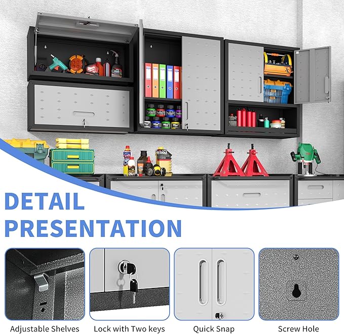 Garage Wall Mounted Storage Cabinet with Doors and Shelves, Lockable Metal Wall Cabinet, Hanging Tool Cabinet for Garage Utility Room (Black & Grey)