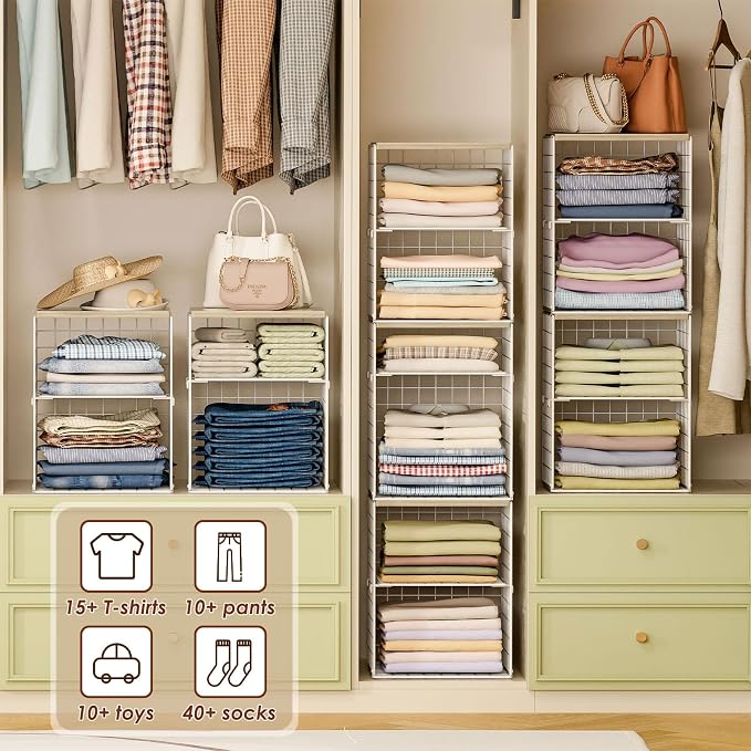 4-Tier Stackable Closet Organizers and Storage, Adjustable Dividers & Wood Top Storage Shelves for Clothes, Wardrobe & Closet Storage Basket Bins/Cube, Space-Saving Closet Organizer System, White