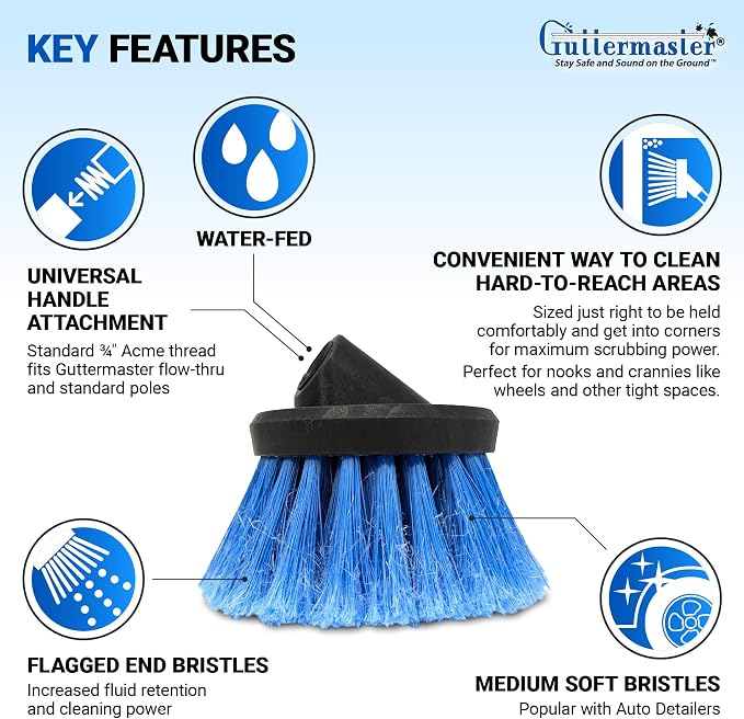 Guttermaster Blue Round Flow Through Brush, Medium Soft, Round 4.5 Inch | GM-315 Polypropylene bristles, soft brush, flow through design, flagged ends, ideal for RVs and larger vehicles