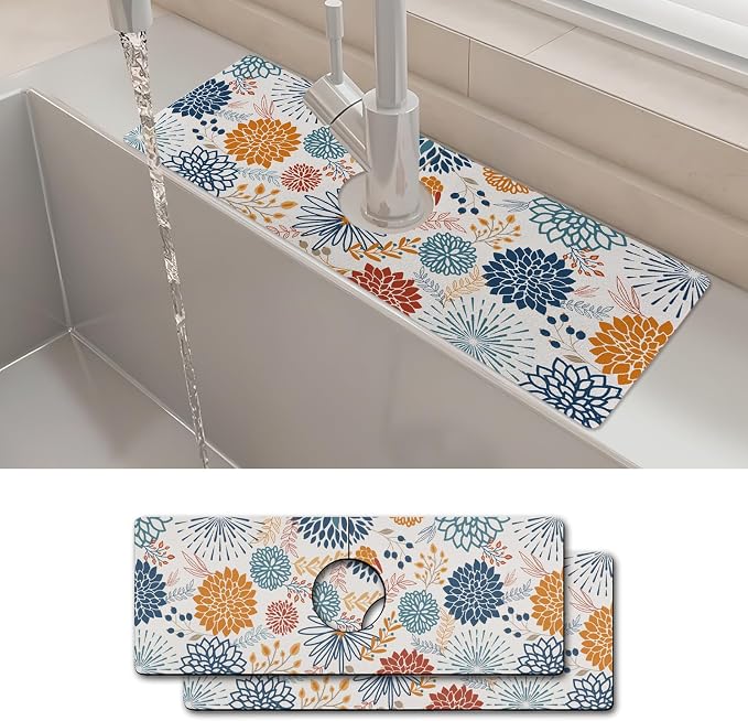 2PCS 15" X 5.5" Kitchen Sink Splash Guard Faucet Mat Mandala Super Absorbent Fast Drying Faucet Guard & Draining Mat Sink Splash Guard Behind Faucet for Kitchen, Bathroom