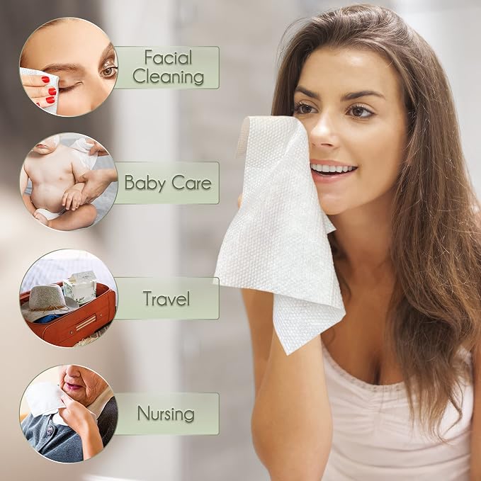 WOWOTEX Disposable Face Towel Biodegradable Large Dry Wipes 60 Count/Box Extra Thick Soft Clean Facial Towels for Sensitive Skin, Makeup Removing, Cleansing, Nursing, Travel, 10×12 Inches