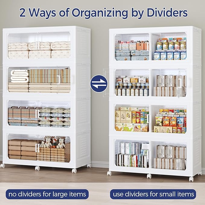 200GAL Storage Bins with Lid and Wheels, Stackable Closet Organizers and Storage Drawer, Collapsible Storage Box with Dividers, Foldable Plastic Cabinets Cubes Totes for Garage, 5 Pack White