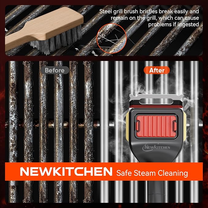 Bristle Free Grill Brush with Scraper, Safe Steam Clean BBQ Grill Cleaner, Long Handle Replaceable Head Grill Cleaning Brush for Outdoor Grill