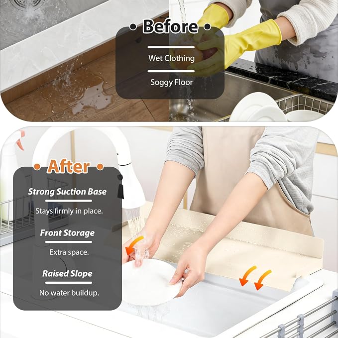Full-Coverage Sink Splash Guard – 22.8 Inch Extra-High Ramp with Super Strong Suction Cups, Silicone Sink Splash Guard with Front-Edge Storage for Kitchen (White, 22.8''x4''x2.8'')