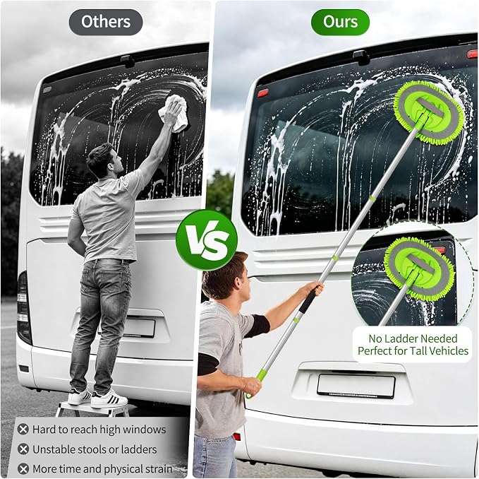 62" Car Wash Brush kit with Long Handle & 3 Scratch-Free Refill Mitt | Chenille Microfiber Car Washing Mop Head, Car Wash Stick, Car Brush Clean Kit, Car Cleaning Supplies for RV Truck Boat, Green