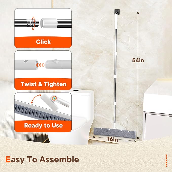 2-in-1 Floor Squeegee Broom, 180-Degree Head, 2 Microfiber Pads | 62-Inch Long Handle for Water Removal and Pet Hair on Tile and Concrete in Bathrooms, Kitchens, Showers, Garages and Patios