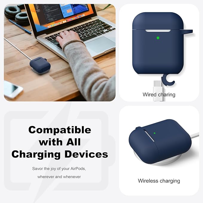 R-fun for AirPods 1/2 Case, Soft Silicone Protective Cover with Keychain and Cleaning Pen, Compatible with AirPods 2nd/1st Generation (2016/2019), Full Drop Protection Cover, Midnight Blue