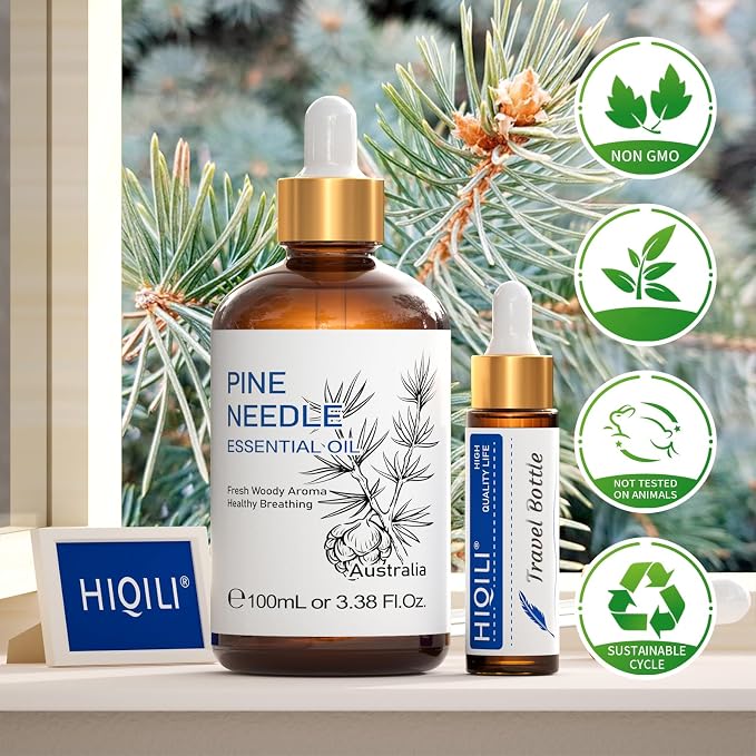 HIQILI Pine Needle Essential Oil for Skin, Candle Making, Cleaning Spray | Creating a fresh, woody scent for aromatherapy, DIY shampoo, soap, and beard care - 100ml / 3.38 fl oz