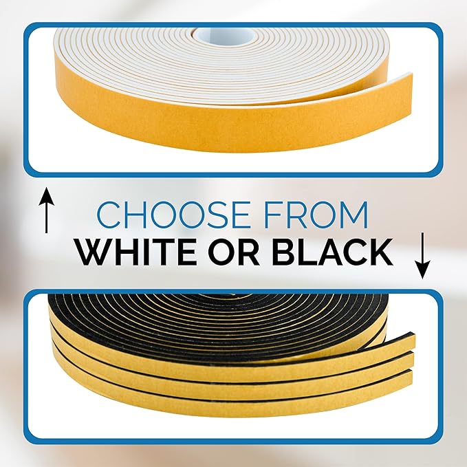 High Density Foam Weather Stripping Door Seal Strip Insulation Tape Roll for Insulating Door Frame, Window, Air Conditioner | Self Adhesive Sealing Weatherstrip (White, 1 in x 1/2 in x 18 Ft)