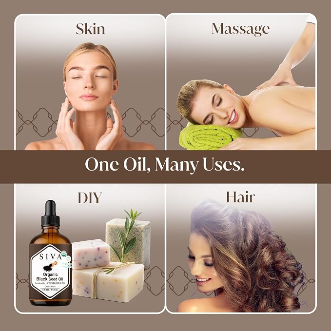 SIVA ORGANICS Black Seed Carrier Oil with Dropper, 4 Fl Oz (118 ml) | Organic Black Seed Oil for Hair Care, Hair Oiling, Scalp Massage, Skin Care, Body Massage & DIY Recipes in Glass Bottle