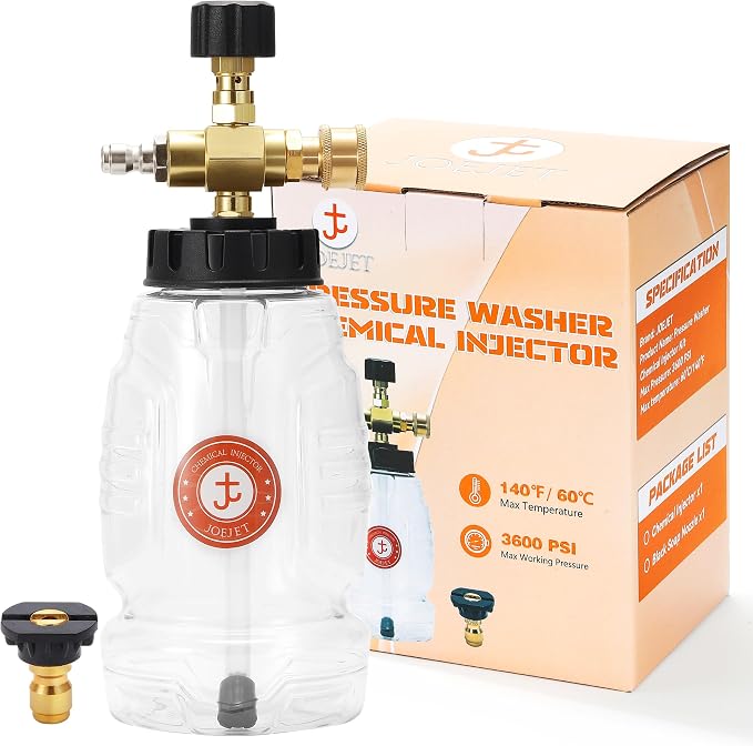 JOEJET Adjustable Chemical Injector for Pressure Washer with Bottle | Power Washer Soap Injector with 1/4 Inch Quick Connect, 3600 PSI, 1 Liter