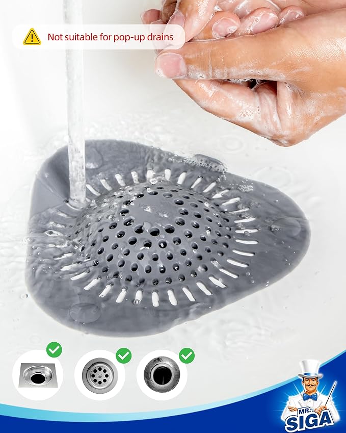 MR.SIGA Shower Drain Hair Catcher, Bathroom Sink Drain Strainer, Hair Stopper with Pull-tab, 3 Pack, Gray