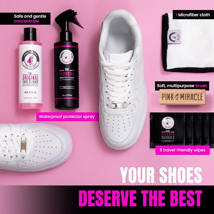 Pink Miracle Shoe Care Kit - Includes 8 oz. Shoe Cleaner and Brush, The Protector Sneaker Repellent Spray, Shoe Cleaning Wipes (5), and a Microfiber Towel