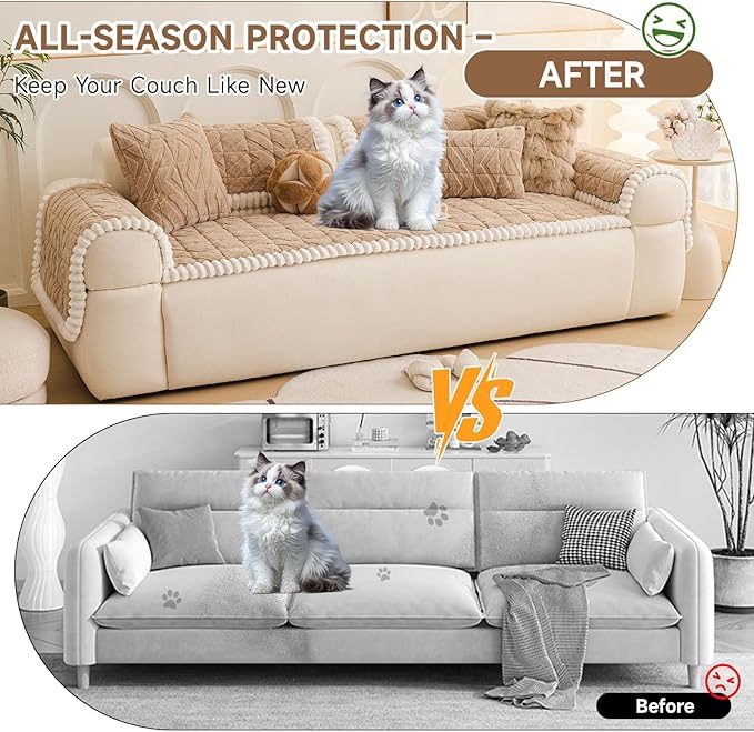 OTOB Couch Cover for Dogs Washable Pet Friendly, Non Slip Plush Funny Fuzzy Loveseat Sofa Cushion Slipcovers, All Seasons Geometric Jacquard Soft & Cozy Pet Bed Mat Protector (Coffee, 27.6" x 47.2")