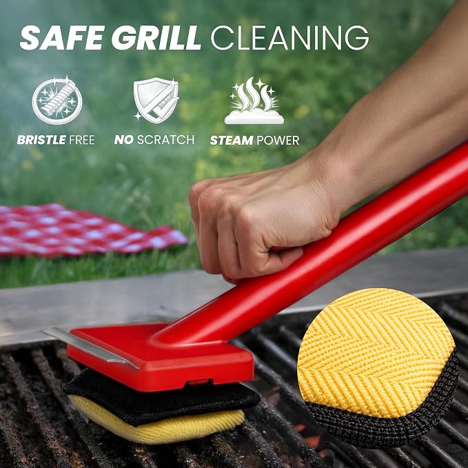 Grill Brush Bristle Free with 3 Replacement Brush Heads, Easy-Fit Cleaning Tool for Cast Iron/Stainless Steel Grates, Safe Barbecue Grill Cleaner