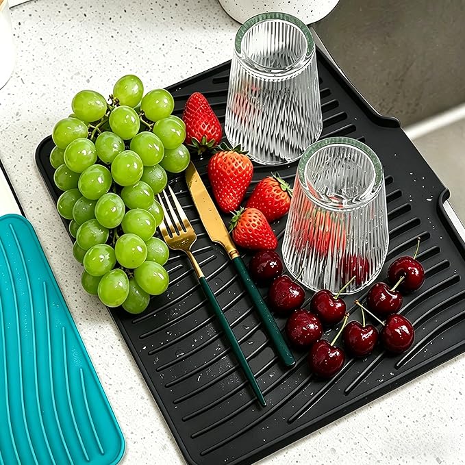 EBIGIC Silicone Dish Drying Mat, 19.7"*17" Dish Drying Pad,Kitchen Accessories,with Built-In and Non-Slip Drain,Easy Clean, Fit for Kitchen, Bar, RV, Refrigerator and Drawer Liner, Black