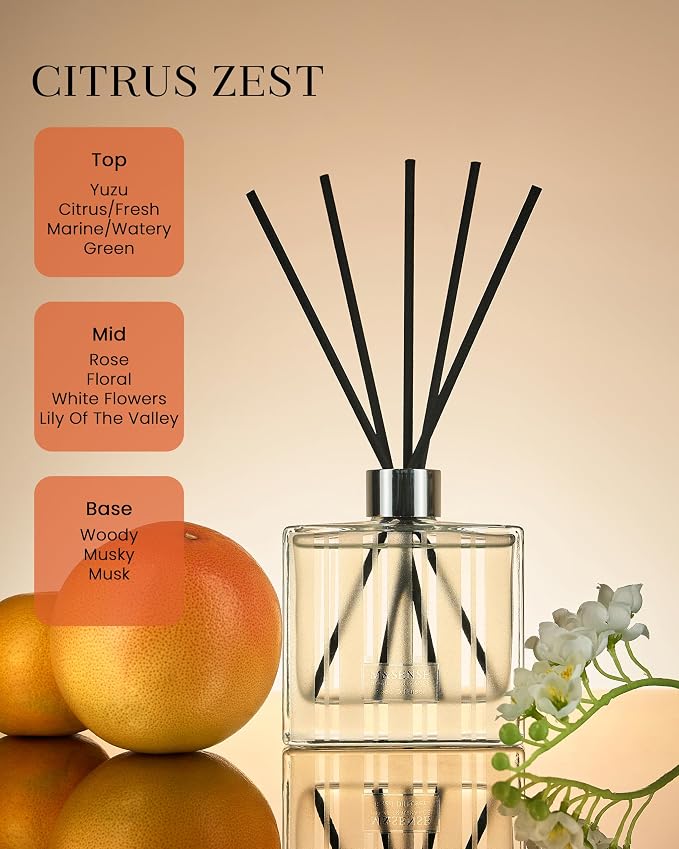 M&SENSE Reed Diffuser Set, Citrus Zest, 7.04 oz Natural Essential Oil | Non-Toxic Organic, Long-Lasting Fragrance, Ideal for Kitchen Home Office, Gifts for Women