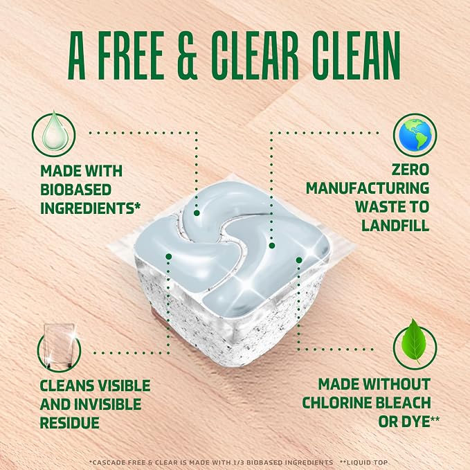 Cascade Free & Clear Dishwasher Pods, Dishwasher Detergent, Dish Detergent Soap, Unscented, 47ct (Pack of 2)