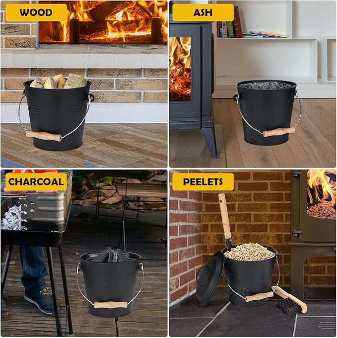 Mini Ash Bucket with Lid, Fireplace Ash Bucket - Black | 1.5-Gallon Ash Bucket With Lid and Shovel and Hand Broom, Metal Ash Bucket for Fireplace, Fire Pit, Wood Stove