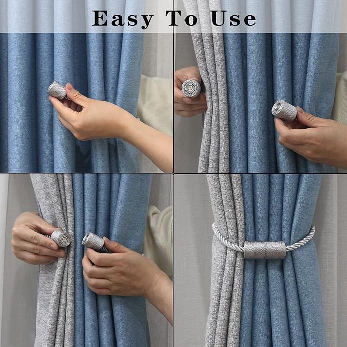 4 Pack Strong Magnetic Curtain Tiebacks Outdoor Elegant Decorative Tie Backs Modern Rope Tiebacks for Drapes Window Curtain Holdbacks for Draperies- Grey