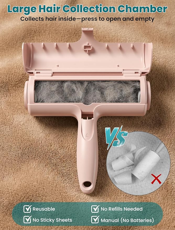 DELOMO Pet Hair Remover Roller, Reusable Lint Roller for Dog and Cat Hair | Portable Pet Hair Roller with Large Fur Bin, Fast Cleaning for Couches, Bedding, Rugs, Car Seats and Furniture, No Batteries