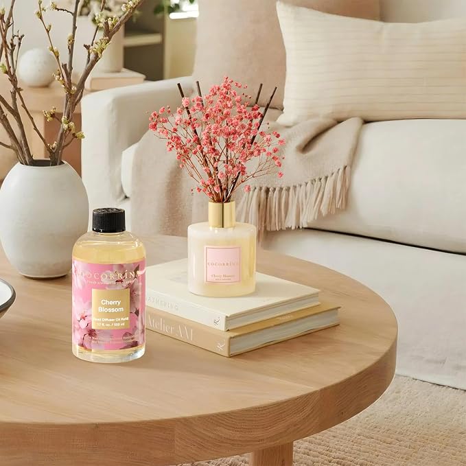 Reed Diffuser Refill Cherry Blossom 17oz (500ml) with 8 Sticks - Premium Long-Lasting Scented Oil, Home Fragrance for Bedroom, Bathroom Home Decor
