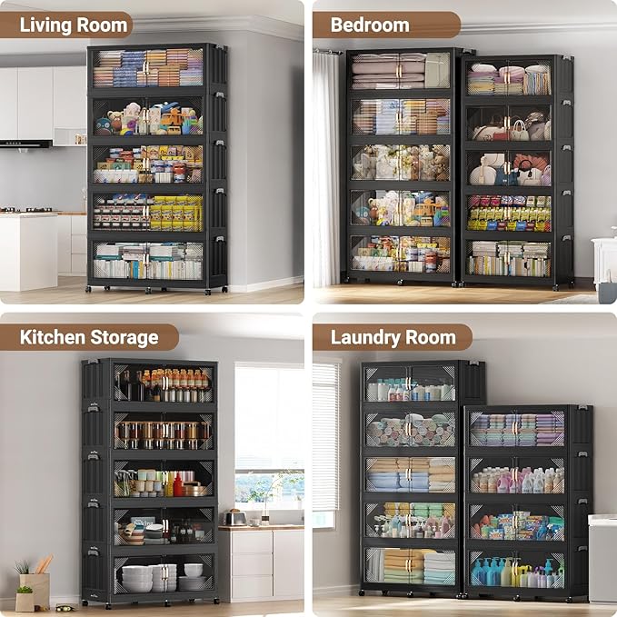 220Gal Plastic Stackable Storage Bins with Lid, 880QT Extra Large Closet Organizers Collapsible Cabinets Boxes With Drawers, Foldable Containers with 6x Wheels for Home Kitchen, V60 4Pack Black