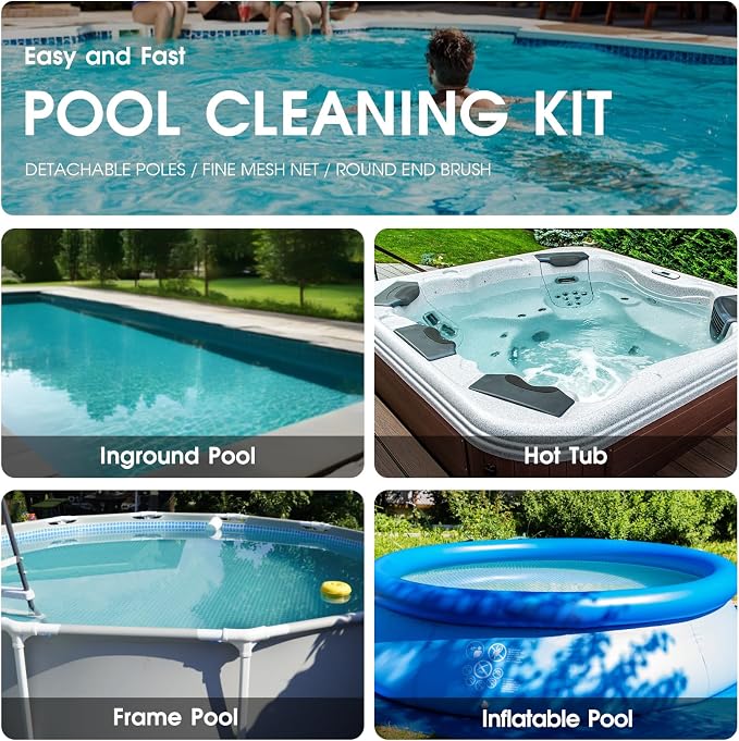 TidyMister 3PCS Pool Cleaning Kit - 12.5'' Pool Brush Round & 11'' Pool Skimmer Net Fine Mesh & 5.7 Feet Thick Aluminum Pole 5-Segment, for Above Ground & Inground Pools Ponds