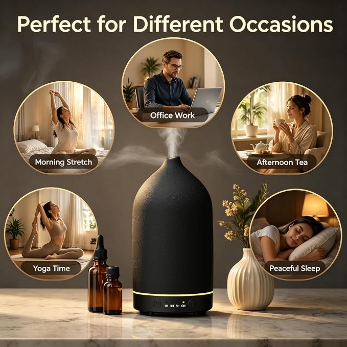 200ML Ceramic Essential Oil Diffuser for Home, Stone Diffuser | Ultrasonic Aromatherapy Diffuser & Air Humidifier for Bedroom, Office, Yoga, 7 LED Lights, Auto Shut-Off, 3 Timers, Black