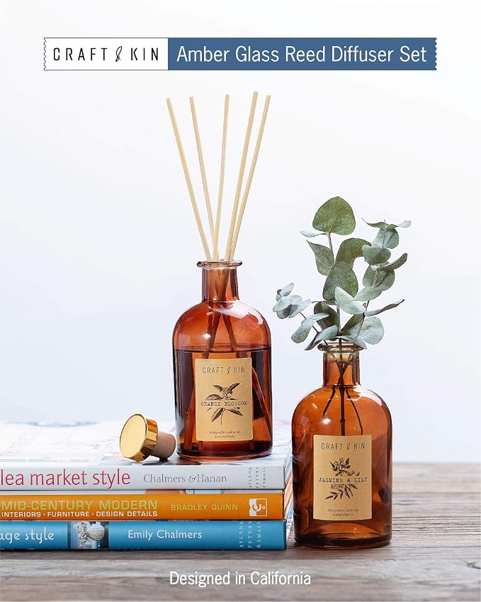 Craft & Kin Oud Wood Reed Diffuser – 5.75 oz Essential Oil Diffuser for Home & Bathroom – Up to 120-Day Fragrance with 8 Rattan Scent Sticks – Amber Glass Room Decor