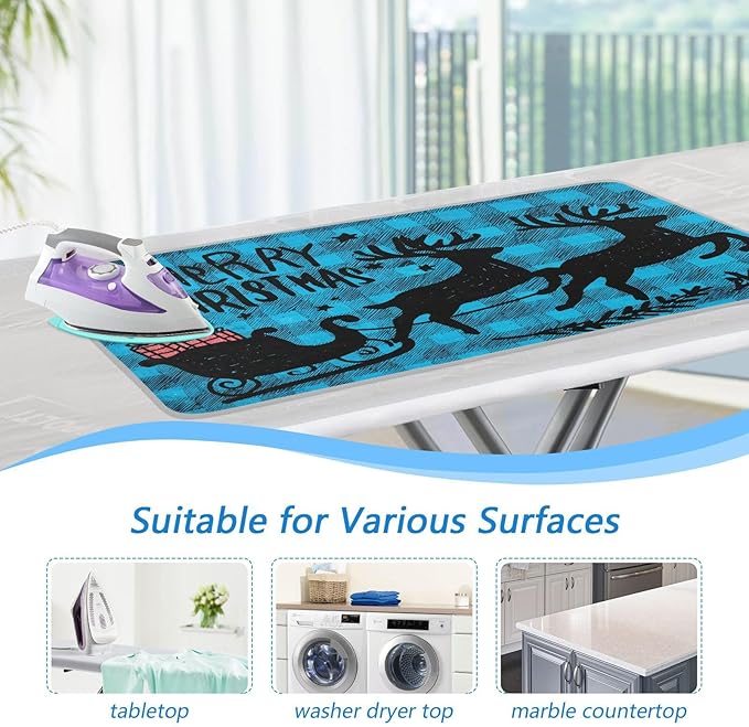 Ironing Mat Portable Ironing Pad Ironing Blanket for Table Top Heat Resistance Double-Side Using Travel Large 47.2 x 27.6 Inch Foldable Lightweight Christmas Check Elk Blue