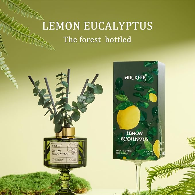 Reed Diffuser Set with 6.76 fl oz Lemon Eucalyptus Scent Essential Oils and 3 Leaves & 8 Diffuser Sticks,Bathroom Shelf Decor & Air Freshener, House Bedroom Office Decor & Gifts