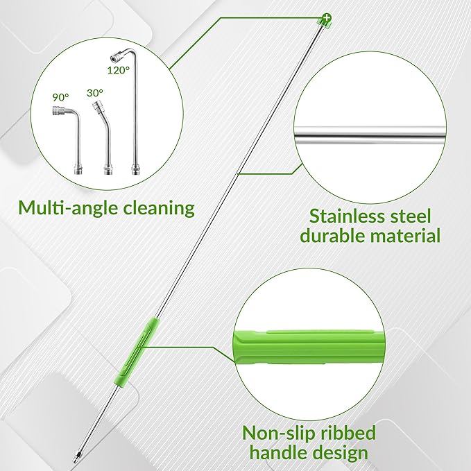 Pressure Washer Extension Wand, 120" Power Washer Lance | With Molded Grip, 30°, 90°, 120° Curved Rod, 5 Spray Nozzle Tips, 1/4" Quick Connect, 4000 PSI