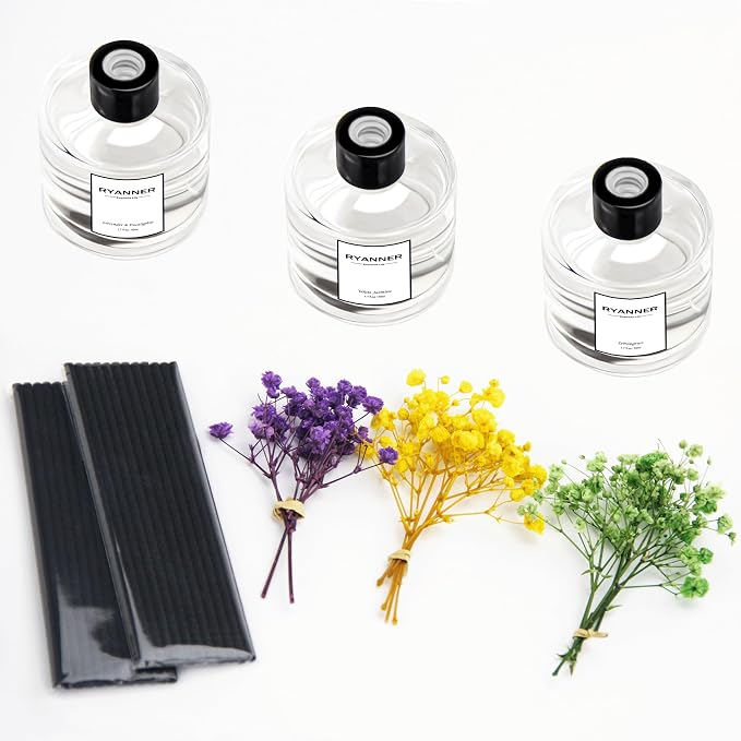 Reed Diffuser Set of 3 Pack,Lavender Eucalyptus/White Jasmine/Lemongrass Scented Oil Diffuser with 24 Sticks(1.7 fl oz Each Pack),Air Freshener for Bedroom Bathroom Office | Shelf Decor