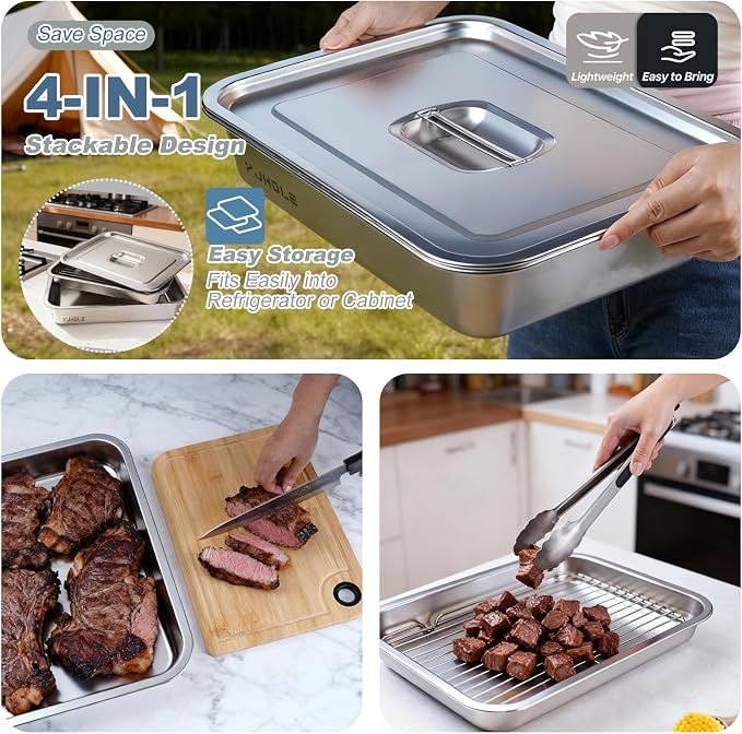 Grilling Prep and Serve Trays,Stainless Steel Large Capacity Food Prep Trays with Lid, Cutting Board Cooling Rack Food Tongs and Cleaning Brush,BBQ Accessories Gift