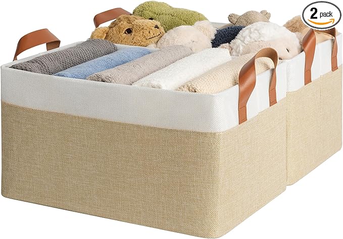 GRANNY SAYS Storage Baskets for Shelves, Closet Organizer Bins, Clothes Storage Bins with Metal Frame, Large Baskets for Organizing and Storage, Collapsible, Khaki, 2-Pack