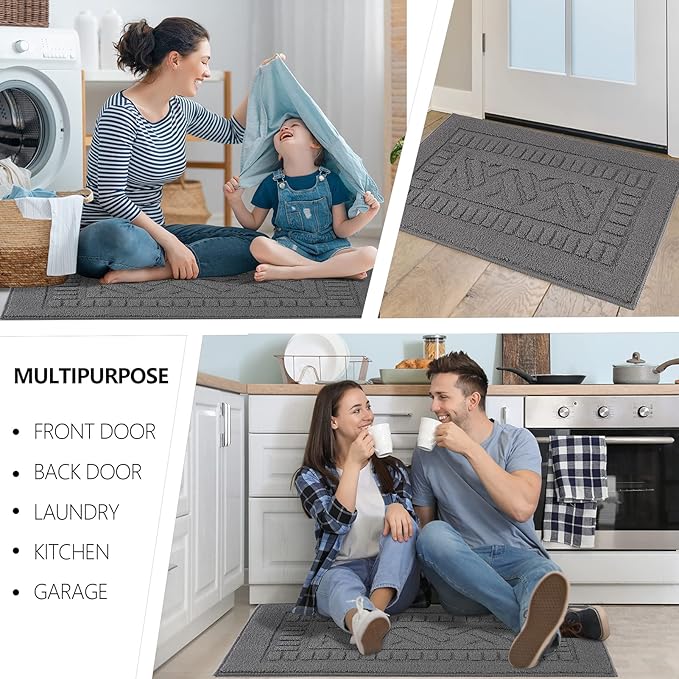 FONEYI Indoor Doormat, Front Back Door Mat Rubber Backing Non Slip Door Mats, 32"x48" Low-Profile Absorbent Resist Dirt Entryway Doormat Inside Floor Mats Entrance Washable, Entry Doormats, Grey