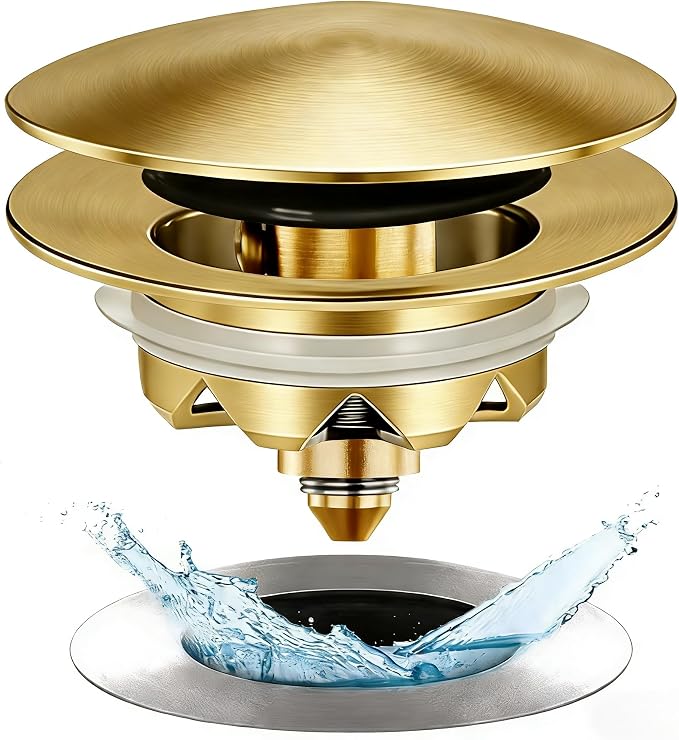 Anlige Bathtub Drain Stopper, Pop Up Tub Stopper and Cover, Bottom with Hair Catcher, Universal for 1.45 in to 1.8 in Drain, Replaces Old Drain Plug, Brushed Gold