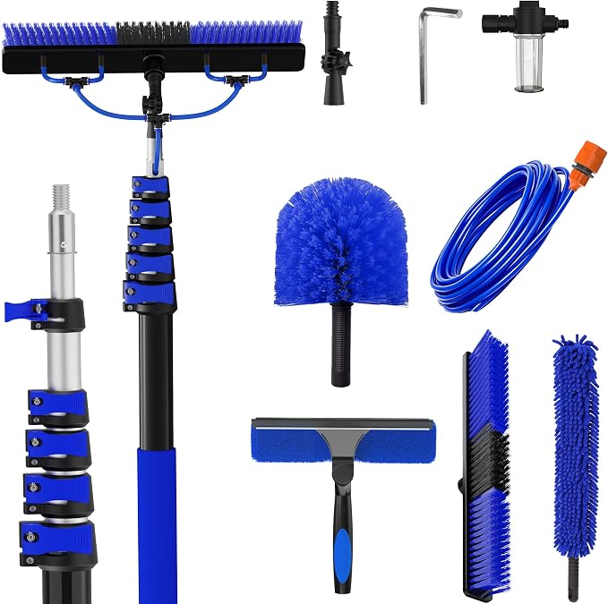 30FT Reach Solar Panel Cleaning Brush Kit with 5-24FT Telescoping Pole, 40FT Hose, 20" Water Fed Brush, Soap Dispenser, Cobweb Duster, Squeegee & High Ceiling Duster for Roof, RV, Gutter, Boat, Deck