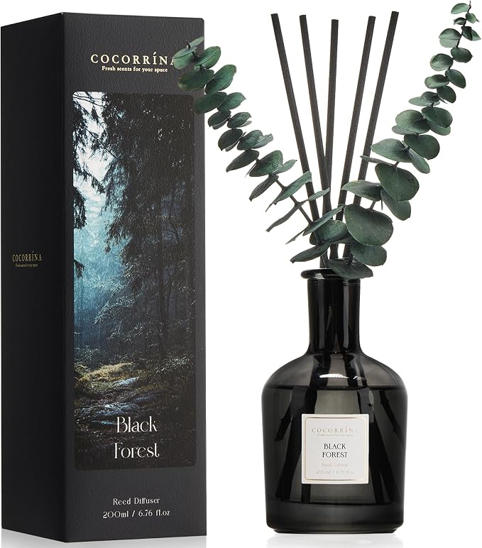 Black Forest Reed Diffuser, 6.76 oz | Real Dried Eucalyptus Leaves, 8 Reeds, Long-Lasting Essential Oil, Home Fragrance, Bedroom or Bathroom Décor