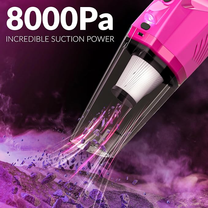 THINKWORK Car Detailing Kit with Vacuum, Pink Car Cleaning Accessories Set | 8000PA High Suction/High power Cordless Vacuum Cleaner,Led Light, Interior deep cleaning, 22Pcs,Home & Vehicle,Gift for Women