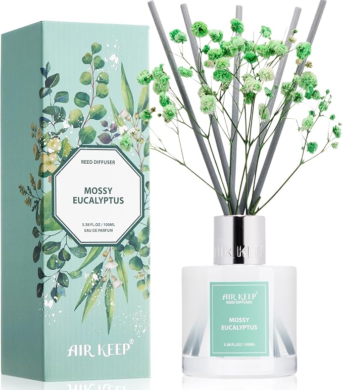 Reed Diffuser Set,3.38 fl oz (100 ml) - Moss Eucalyptus Oil Diffusers with 8 Reed Sticks, Home Fragrance Reed Diffuser for Bathroom Shelf Decor