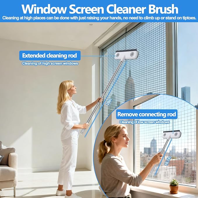 Window Screen Cleaner & Track Cleaning Kit Tool,7 Pcs | Mesh Screen Cleaner Brush with Extension Pole,Window Sill Cleaner Tools Washing Equipment,28″Detachable Long-Reach Handle