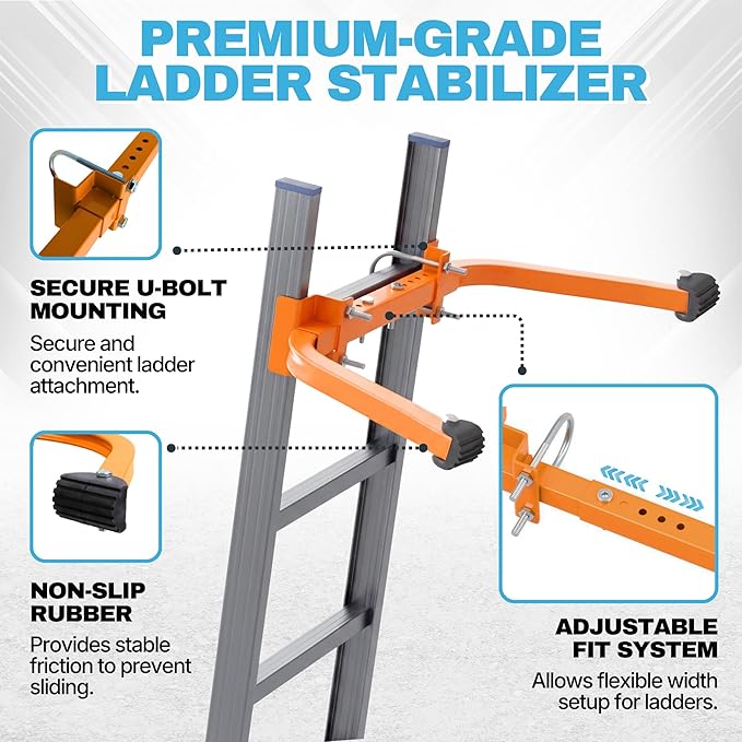 Ladder Stabilizer – Aluminum Ladder Standoff for Extension Ladder | Adjustable Half Frame Stabilizer with Dual Arms for Roof, Gutter Cleaning & Wall Work | Non-Slip Rubber Pads
